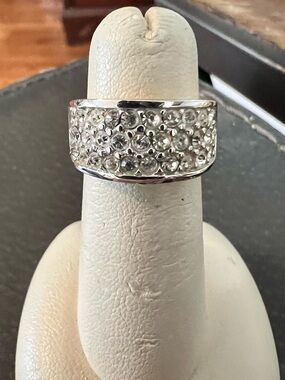 Silver Crystal Pave Wide Band Ring - Women Jewelry 18K over GP